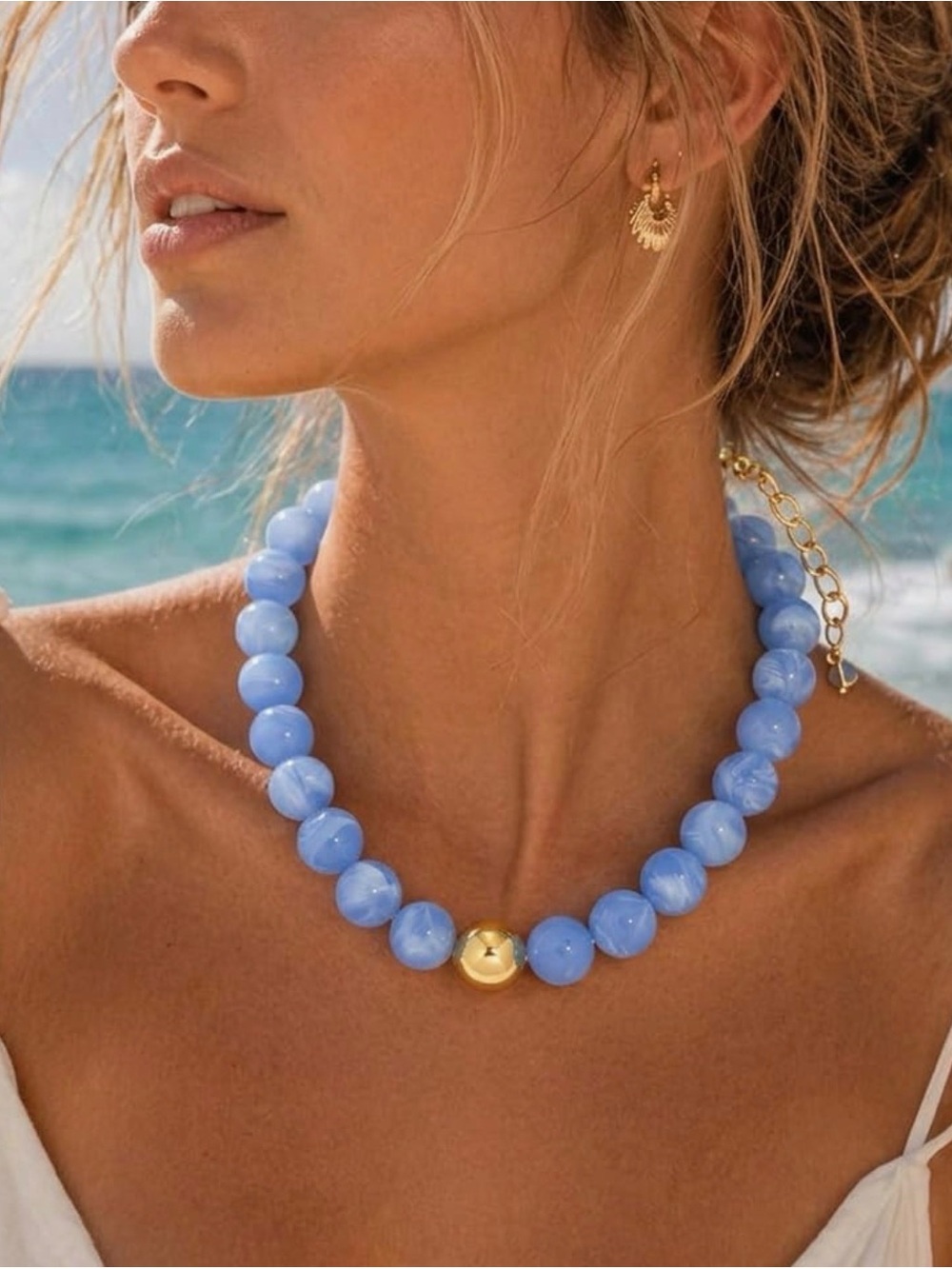 Gold Accent Blue Beaded Necklace - Women Jewelry